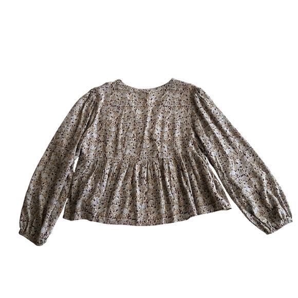 Promesa Lace Detail Shirred Swing Floral Peasant Sleeve V Neck Cropped Blouse M - Picture 2 of 8